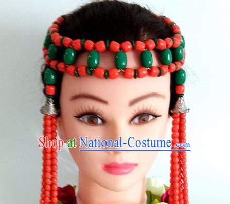 Chinese Traditional Mongol Nationality Green Beads Tassel Hair Clasp Mongolian Ethnic Dance Headband Accessories for Women