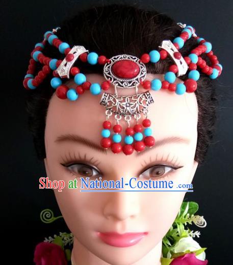 Chinese Traditional Mongol Nationality Beads Tassel Hair Clasp Mongolian Ethnic Dance Headband Accessories for Women