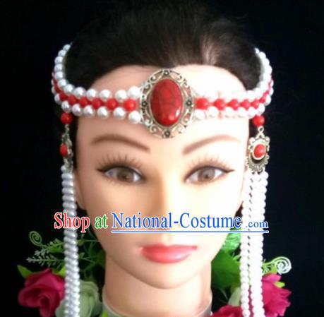 Chinese Traditional Mongol Nationality White Beads Tassel Hair Clasp Mongolian Ethnic Dance Headband Accessories for Women