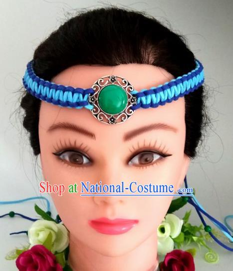 Chinese Traditional Mongol Nationality Blue Weave Hair Clasp Mongolian Ethnic Dance Headband Accessories for Women