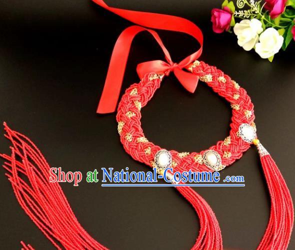 Chinese Traditional Mongol Nationality Weave Red Tassel Hair Clasp Mongolian Ethnic Dance Headband Accessories for Women