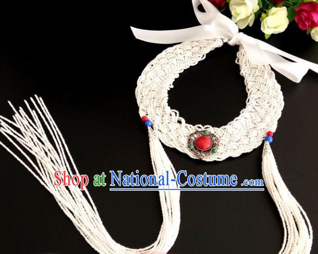 Chinese Traditional Mongol Nationality Weave White Tassel Hair Clasp Mongolian Ethnic Dance Headband Accessories for Women