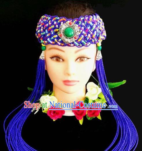 Chinese Traditional Mongol Nationality Weave Royalblue Tassel Hair Clasp Mongolian Ethnic Dance Headband Accessories for Women