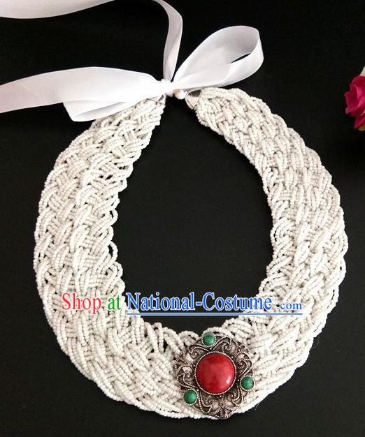 Chinese Traditional Mongol Nationality Weave White Hair Clasp Mongolian Ethnic Dance Headband Accessories for Women