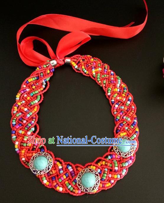 Chinese Traditional Mongol Nationality Weave Red Beads Hair Clasp Mongolian Ethnic Dance Headband Accessories for Women