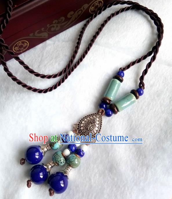 Chinese Traditional Mongol Nationality Green Ceramics Necklace Mongolian Ethnic Necklet Accessories for Women