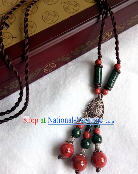 Chinese Traditional Mongol Nationality Atrovirens Ceramics Necklace Mongolian Ethnic Necklet Accessories for Women