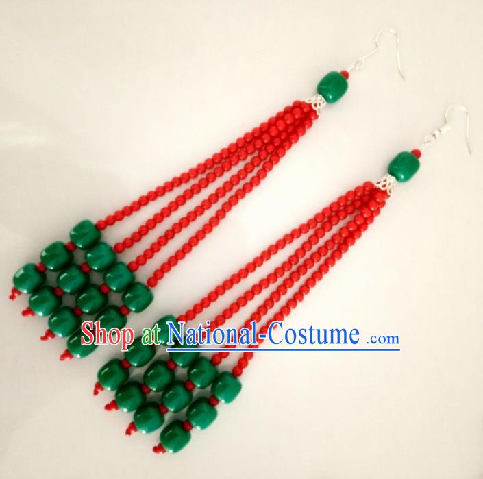 Chinese Traditional Mongol Nationality Red Beads Earrings Mongolian Ethnic Ear Accessories for Women