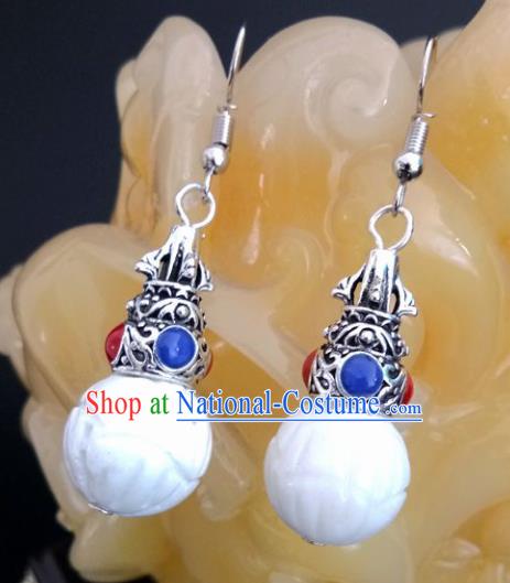 Chinese Traditional Mongol Nationality White Ball Earrings Mongolian Ethnic Ear Accessories for Women