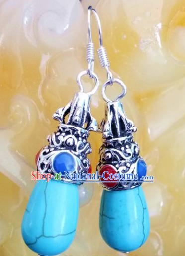 Chinese Traditional Mongol Nationality Blue Stone Earrings Mongolian Ethnic Ear Accessories for Women