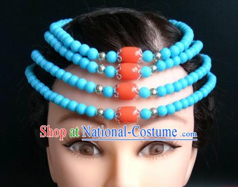 Chinese Traditional Mongol Nationality Blue Beads Hair Clasp Mongolian Ethnic Dance Headband Accessories for Women