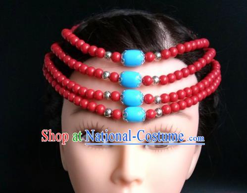 Chinese Traditional Mongol Nationality Red Beads Hair Clasp Mongolian Ethnic Dance Headband Accessories for Women