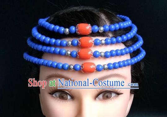 Chinese Traditional Mongol Nationality Royalblue Beads Hair Clasp Mongolian Ethnic Dance Headband Accessories for Women