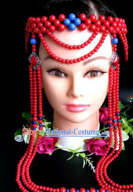 Chinese Traditional Mongol Nationality Red Beads Tassel Hair Clasp Mongolian Ethnic Dance Headband Accessories for Women