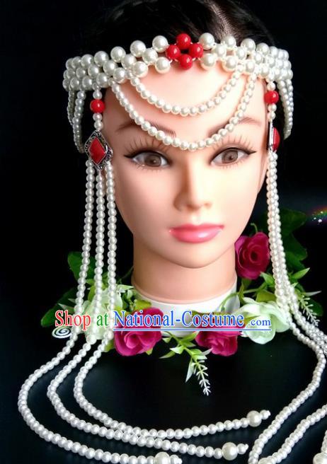 Chinese Traditional Mongol Nationality Red Beads Hair Clasp Mongolian Ethnic Dance Tassel Headband Accessories for Women