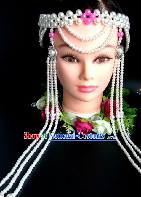 Chinese Traditional Mongol Nationality Rosy Beads Hair Clasp Mongolian Ethnic Dance Tassel Headband Accessories for Women