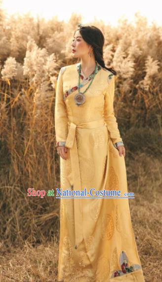 Chinese Traditional Zang Nationality Female Yellow Silk Dress Tibetan Robe Ethnic Dance Costume for Women