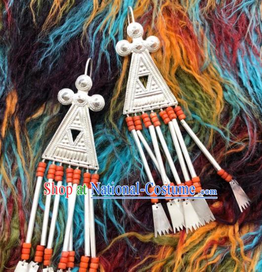 Chinese Traditional Zang Nationality Sliver Tassel Earrings Tibetan Ethnic Ear Accessories for Women