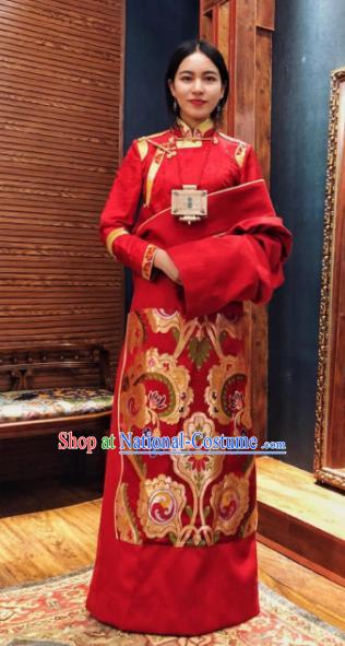 Chinese Traditional Zang Nationality Female Dress Red Tibetan Robe Ethnic Dance Costume for Women