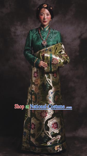 Chinese Traditional Zang Nationality Female Dress Green Tibetan Robe Ethnic Dance Costume for Women