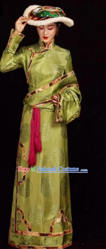 Chinese Traditional Green Tibetan Robe Zang Nationality Female Dress Ethnic Costume for Women