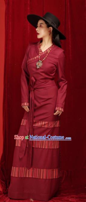 Chinese Traditional Tibetan Robe Zang Nationality Female Wine Red Dress Ethnic Costume for Women