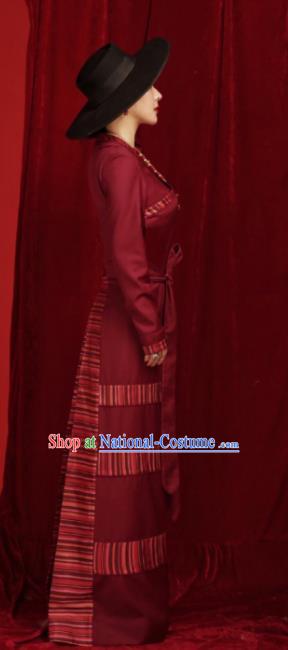 Chinese Traditional Tibetan Robe Zang Nationality Female Wine Red Dress Ethnic Costume for Women