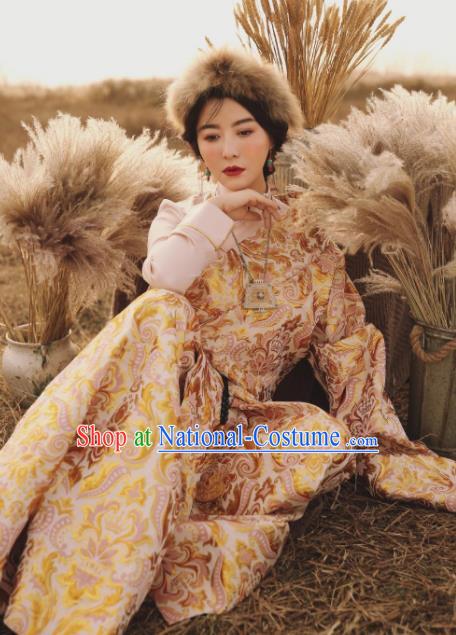 Chinese Traditional Golden Tibetan Robe Zang Nationality Female Dress Ethnic Costume for Women