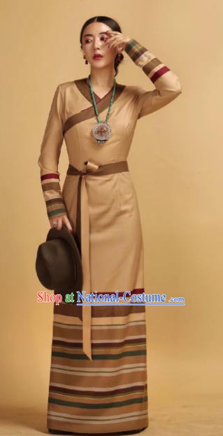 Chinese Traditional Ethnic Khaki Tibetan Robe Zang Nationality Female Dress Costume for Women