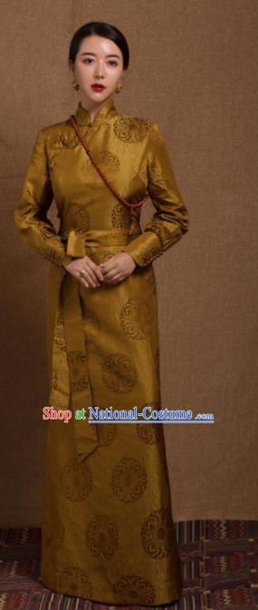 Chinese Traditional Ethnic Golden Tibetan Robe Zang Nationality Female Dress Costume for Women