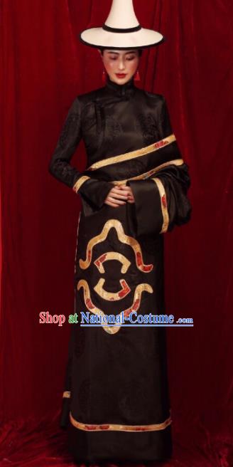 Chinese Traditional Ethnic Black Tibetan Robe Zang Nationality Female Dress Costume for Women