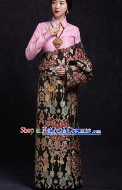 Chinese Traditional Ethnic Black Brocade Tibetan Robe Zang Nationality Female Dress Costume for Women