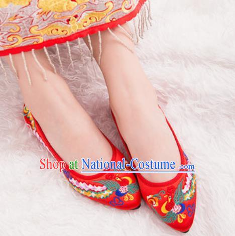 Chinese Traditional Opera Shoes Wedding Red Shoes Hanfu Princess Shoes Embroidered Phoenix Shoes for Women