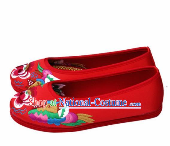 Chinese Traditional Opera Red Satin Shoes Wedding Shoes Hanfu Princess Shoes Embroidered Mandarin Duck Shoes for Women