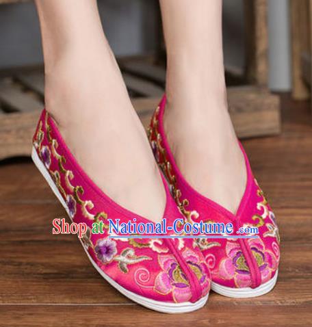 Chinese Embroidered Plum Shoes Traditional Opera Rosy Satin Shoes Wedding Shoes Hanfu Princess Shoes for Women