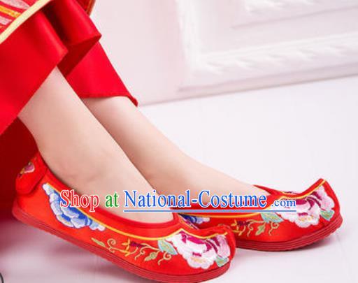 Chinese Embroidered Peony Shoes Traditional Opera Red Satin Shoes Wedding Shoes Hanfu Princess Shoes for Women