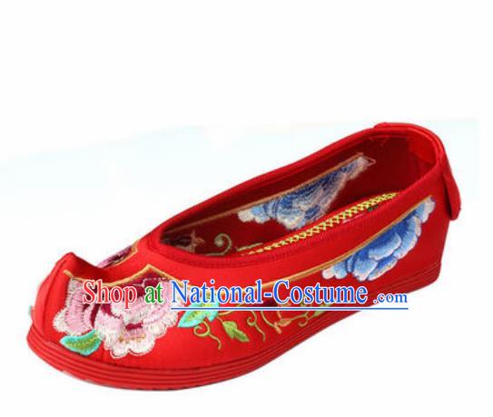 Chinese Embroidered Peony Shoes Traditional Opera Red Satin Shoes Wedding Shoes Hanfu Princess Shoes for Women