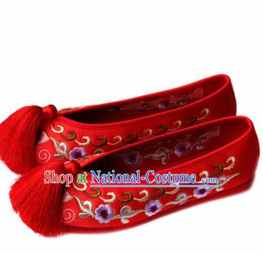 Chinese Traditional Embroidered Plum Shoes Opera Red Satin Shoes Wedding Shoes Hanfu Princess Shoes for Women