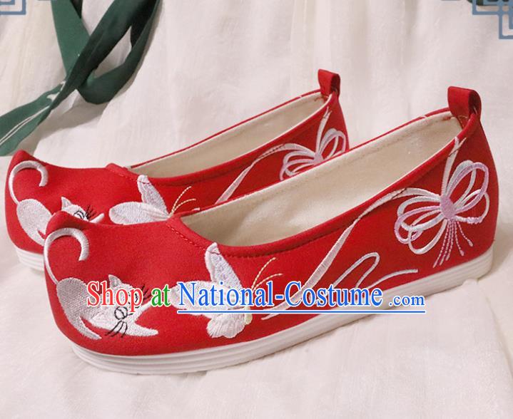 Chinese Traditional Wedding Shoes Opera Shoes Hanfu Princess Shoes Embroidered Butterfly Red Shoes for Women