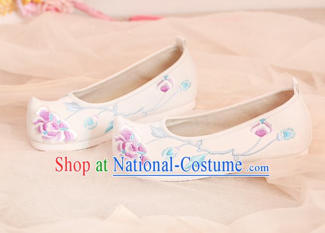 Chinese Traditional Shoes Opera Shoes Hanfu Princess Shoes Embroidered Peony White Shoes for Women