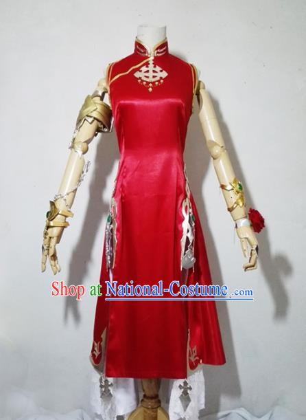 Chinese Traditional Cosplay Female Knight Costume Ancient Swordsman Red Qipao Dress for Women