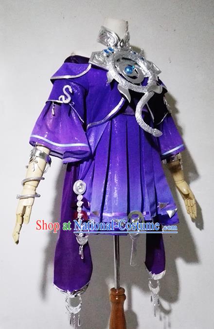 Chinese Traditional Cosplay Female Knight Costume Ancient Swordsman Purple Dress for Women