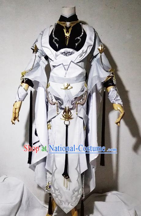 Chinese Traditional Cosplay Female Warrior Costume Ancient Swordsman Taoist Nun White Dress for Women