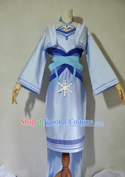 Chinese Traditional Cosplay Young Lady Costume Ancient Swordsman Blue Dress for Women