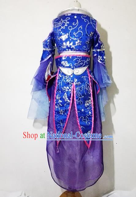 Chinese Traditional Cosplay Female Knight Costume Ancient Swordsman Taoist Nun Blue Dress for Women