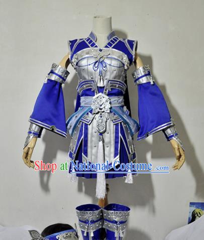 Chinese Traditional Cosplay Female Knight Costume Armour Ancient Swordsman Blue Dress for Women