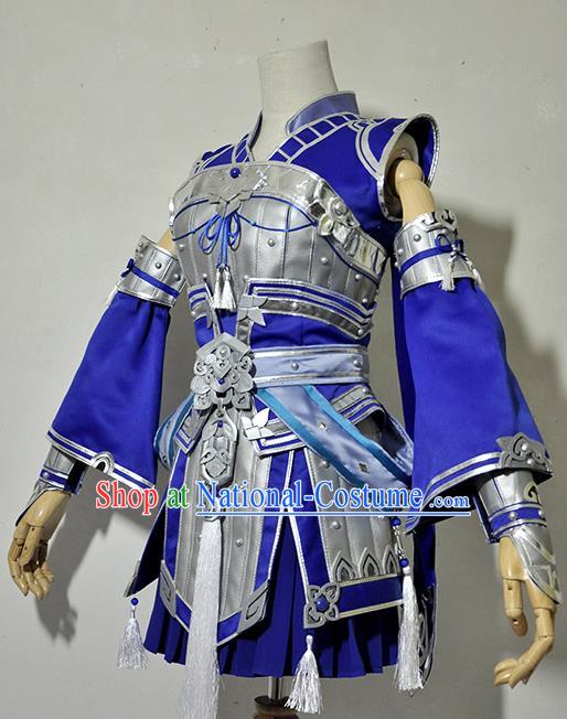 Chinese Traditional Cosplay Female Knight Costume Armour Ancient Swordsman Blue Dress for Women