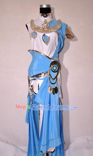 Chinese Traditional Cosplay Knight Costume Ancient Swordsman Blue Dress for Women