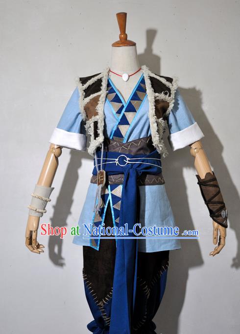 Chinese Traditional Cosplay Young Knight Blue Costume Ancient Swordsman Hanfu Clothing for Men