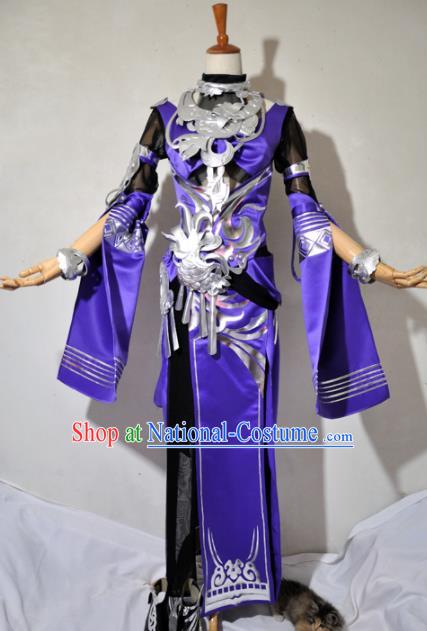 Chinese Traditional Cosplay Knight Purple Costume Ancient Swordsman Dress for Women